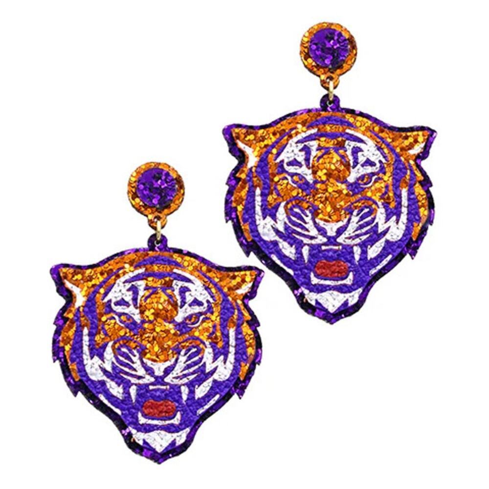 Glitter Tiger Face Earrings/Clemson Tigers/Tiger Head Earrings/Gift for Her